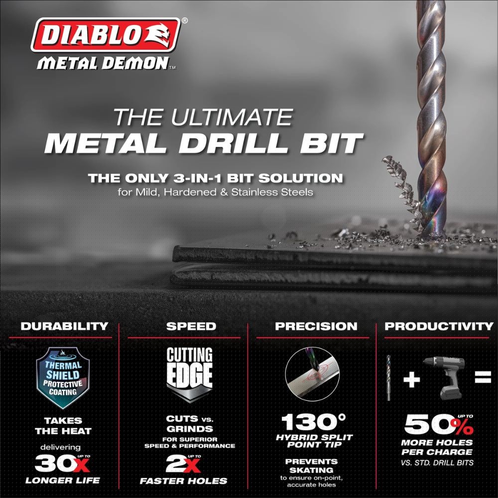 Diablo DMD2564JB 25/64" Metal Demon Drill Bits for Mild, Hardened and Stainless Steels - 2