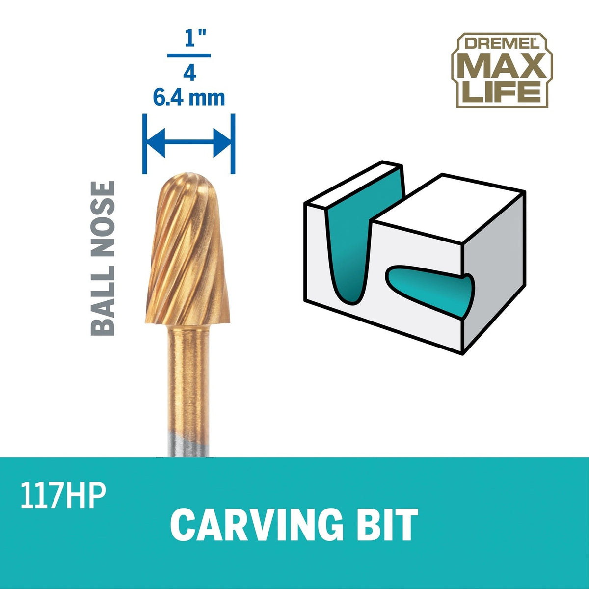 Dremel 117HP 1/4" Max Life Ball Nose Rotary Carving and Engraving Bit (2 Pack) - 3