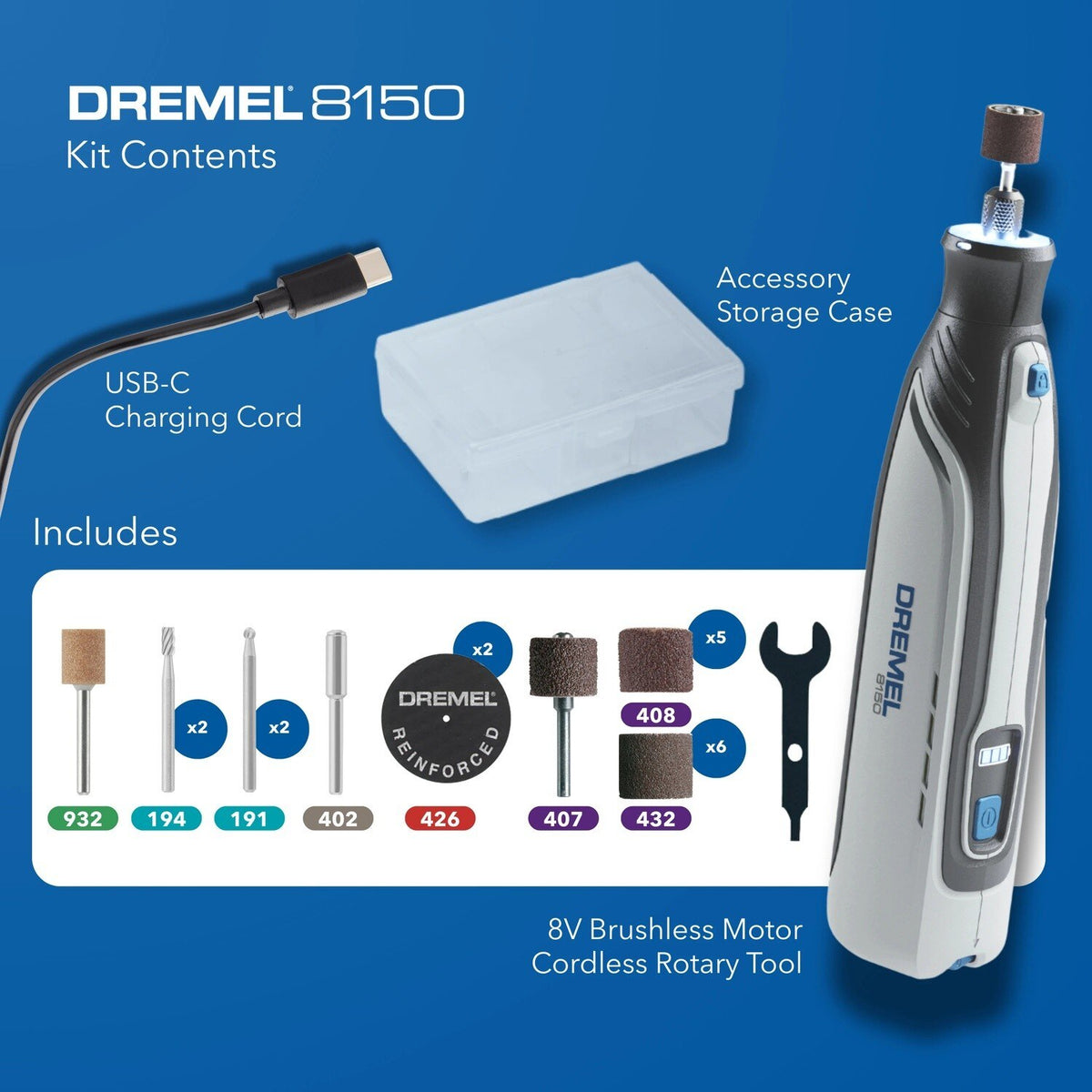Dremel 8150-N20 8V Brushless USB-C Rechargeable Cordless Rotary Tool with LED Work Light - 3