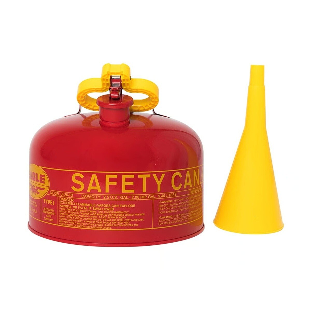 Eagle UI-25-FS Type I Steel Safety Can for Flammables with Funnel and Flame Arrester, 2.5 Gallon, 10" H x 11.25" OD, Red - 2