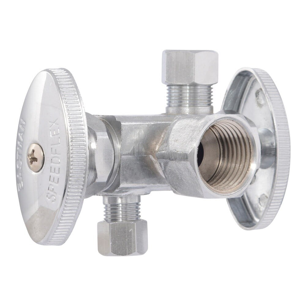 Eastman 04423LF 3/8 in. OD x 1/4 in. OD x 1/2 in. FIP Dual-Handle Multi-Turn Dual Outlet Stop Valve