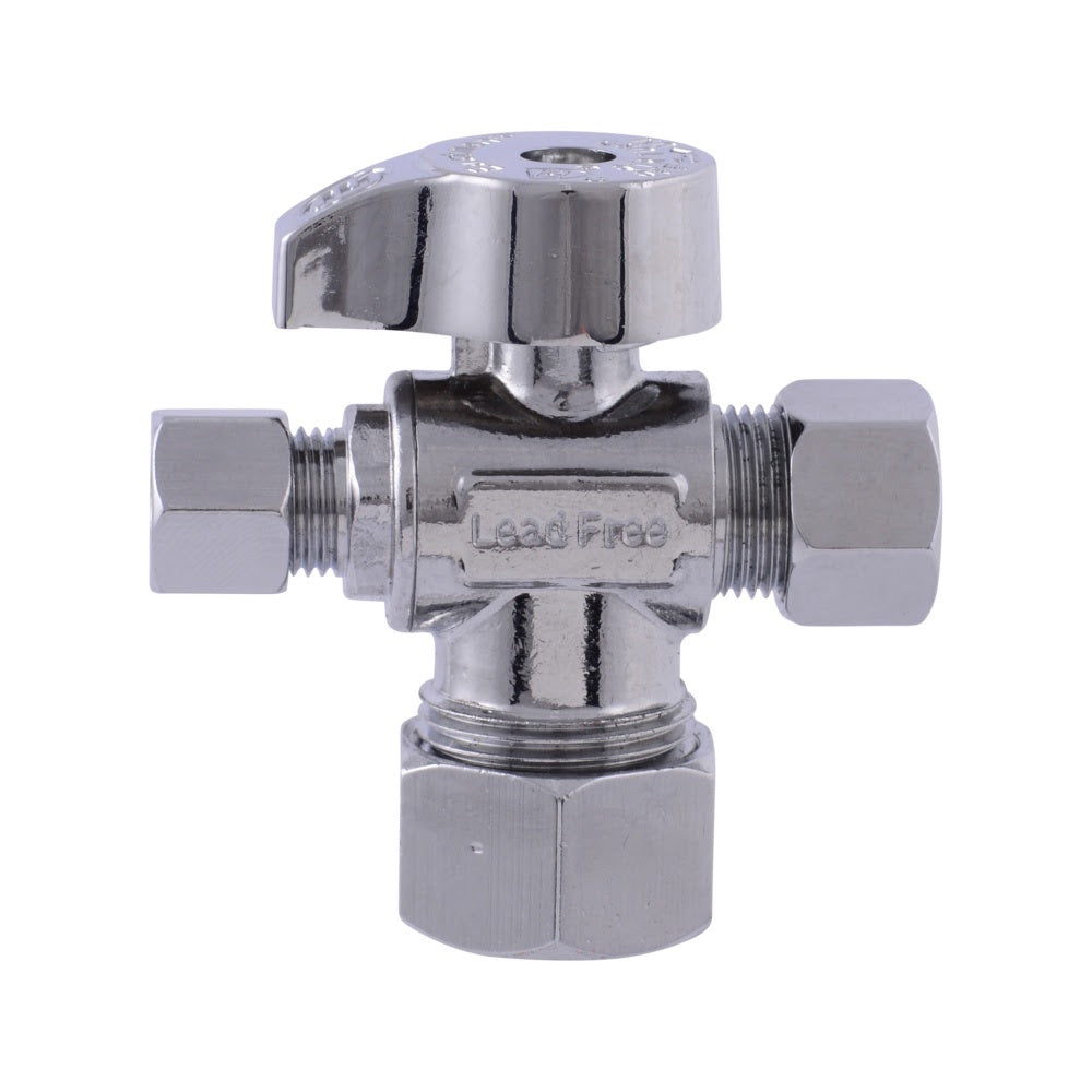 Eastman 48654LF 5/8 in x 3/8 in x 1/4 in Compression Brass Quarter Turn Dual Outlet Stop Valve - 2