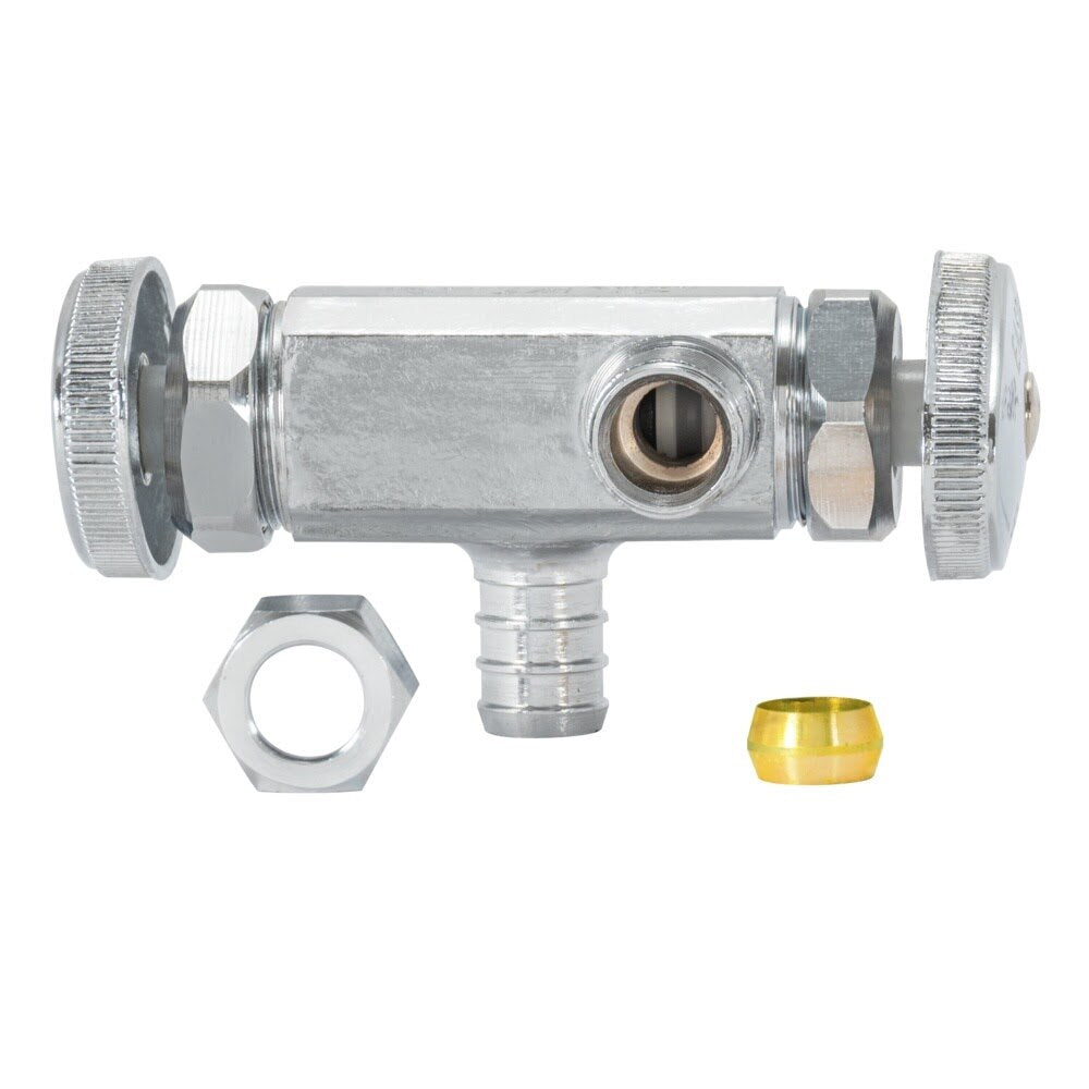 Eastman 48673LF 3/8 in. OD x 3/8 in. OD x 1/2 in. PEX Crimp Dual-Handle Multi-Turn Dual Outlet Stop Valve - 3