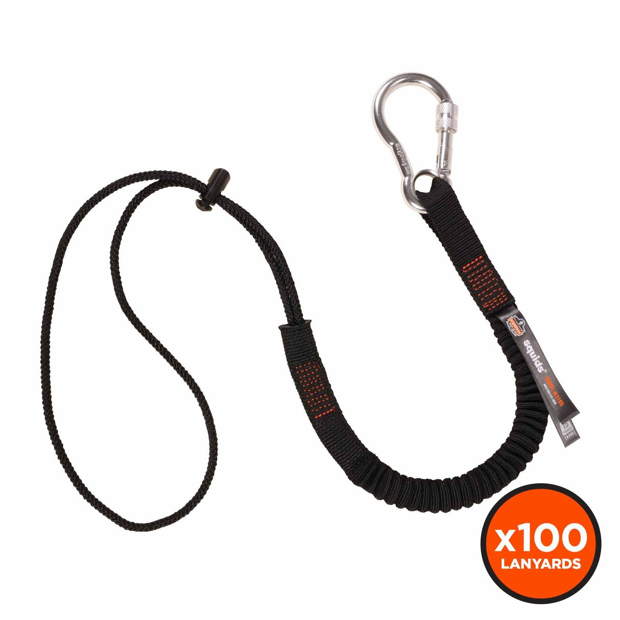 Ergodyne 19011 3105-100PK Standard Black Lanyard - Carabiner + Loop - 15lbs 100-Pack