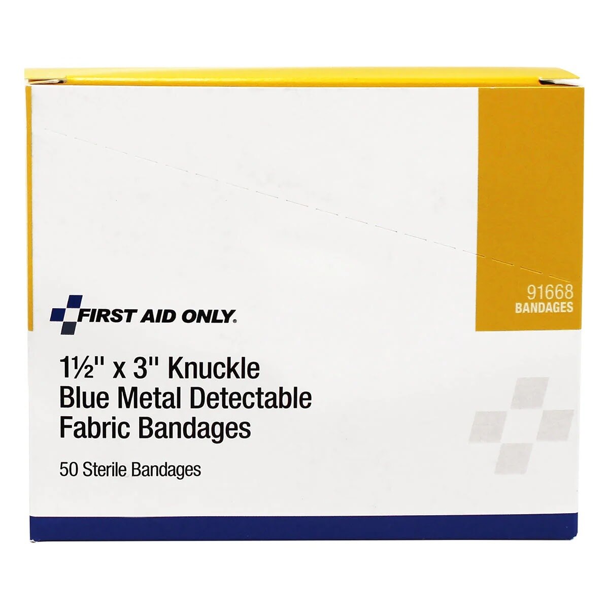 First Aid Only 91668 1 1/2 in x 3 in Blue Metal Detectable Fabric Knuckle Bandages (50 Pack) - 3