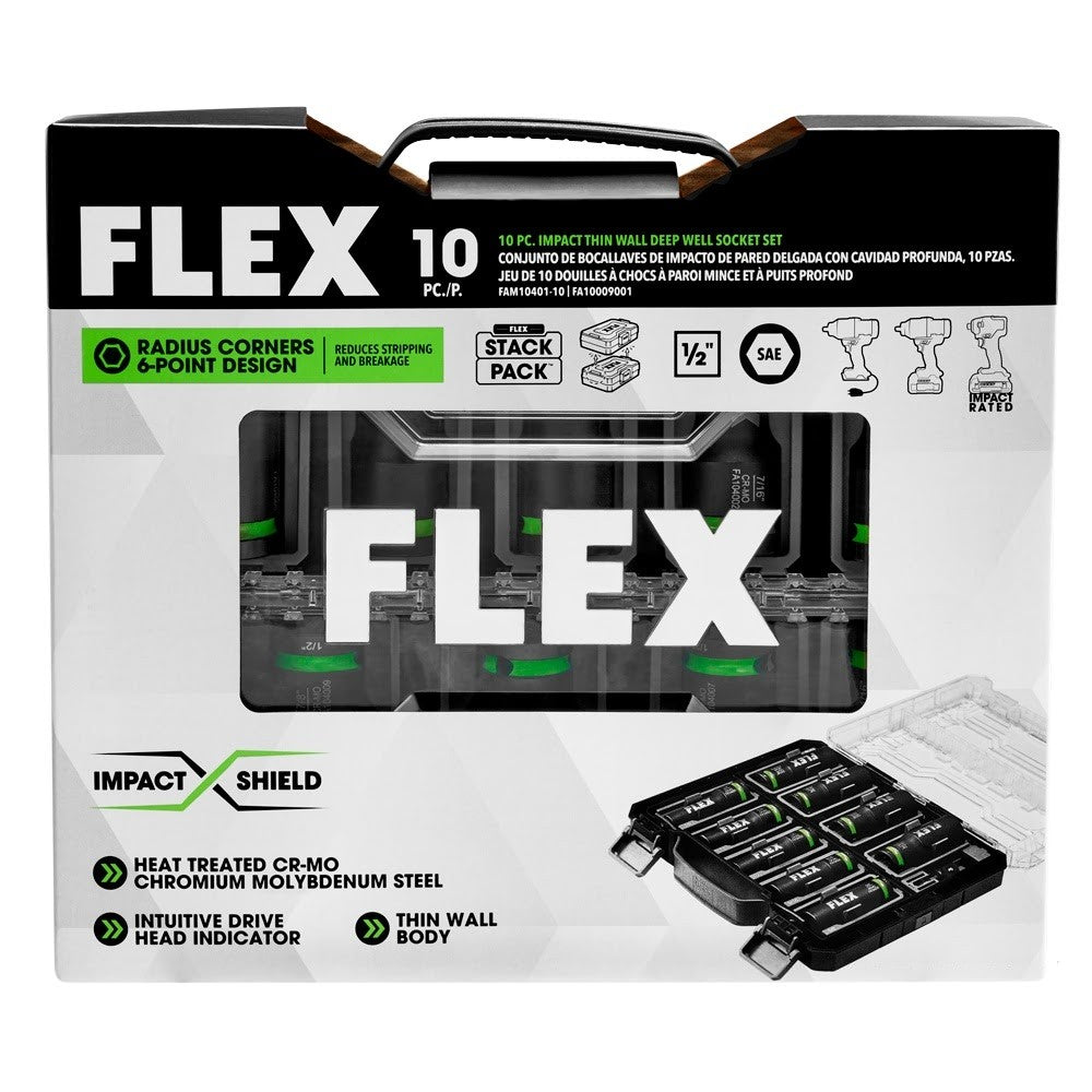 Flex FAM10401-10 Thin Wall Deep Well 6-Point 1/2" Drive Impact Nut Socket Set (10 Piece) - 2