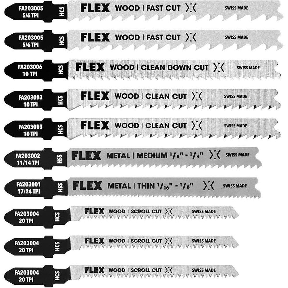 Flex FAM20301-10 T-Shank Jigsaw Blade Set Assorted 3-1/4" to 4" with Storage Case (10 Piece)