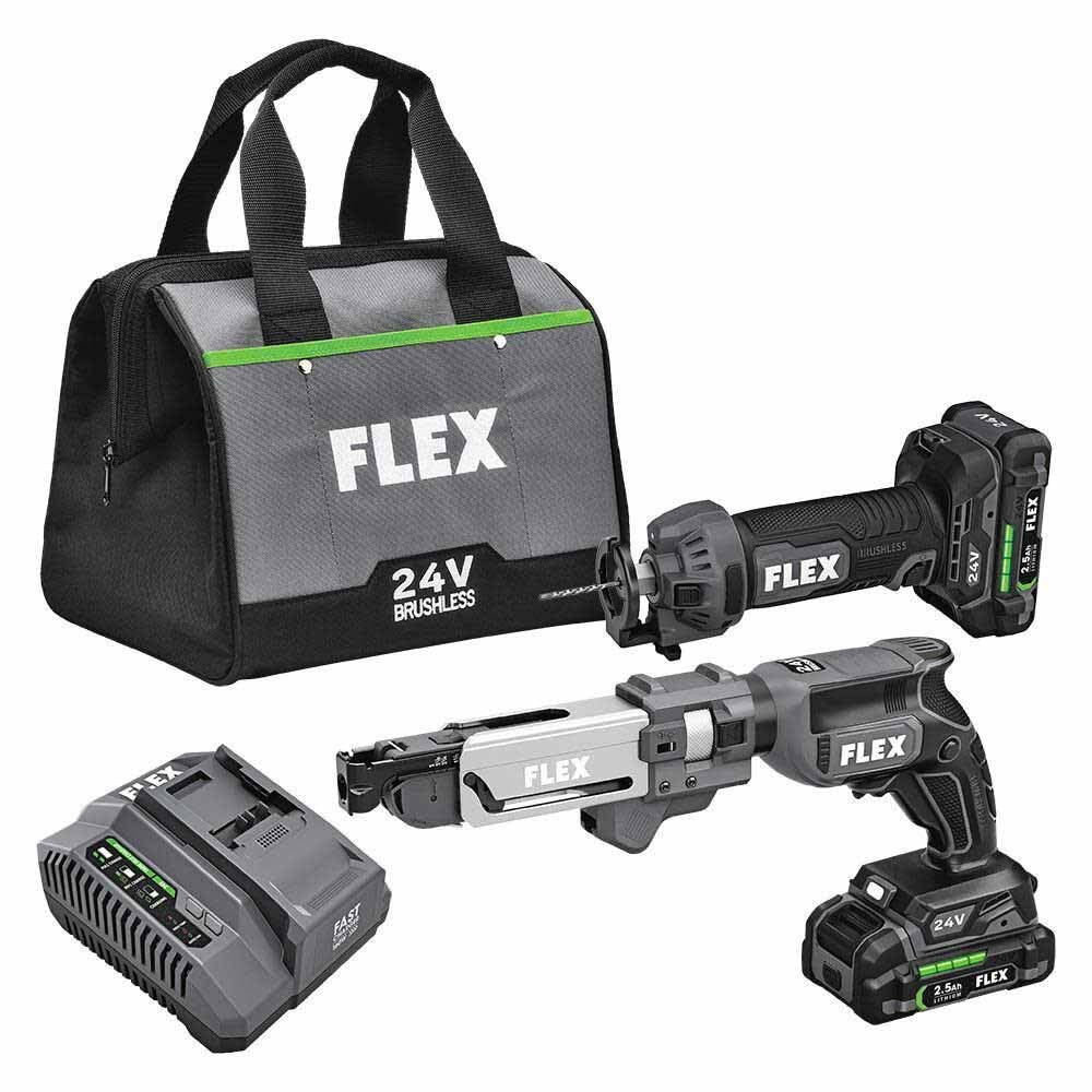 Flex FXM203-2A 24V Brushless 2 Tool Combo Kit Drywall Screw Gun with magazine and Cut Out Tool