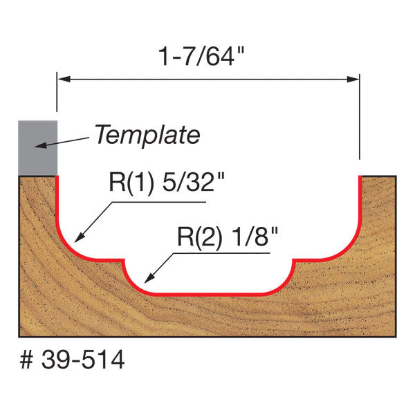 Freud 39-514 1-7/64" Dia. Top Bearing Double Cove Groove Bit, 3/8" Shank - 2