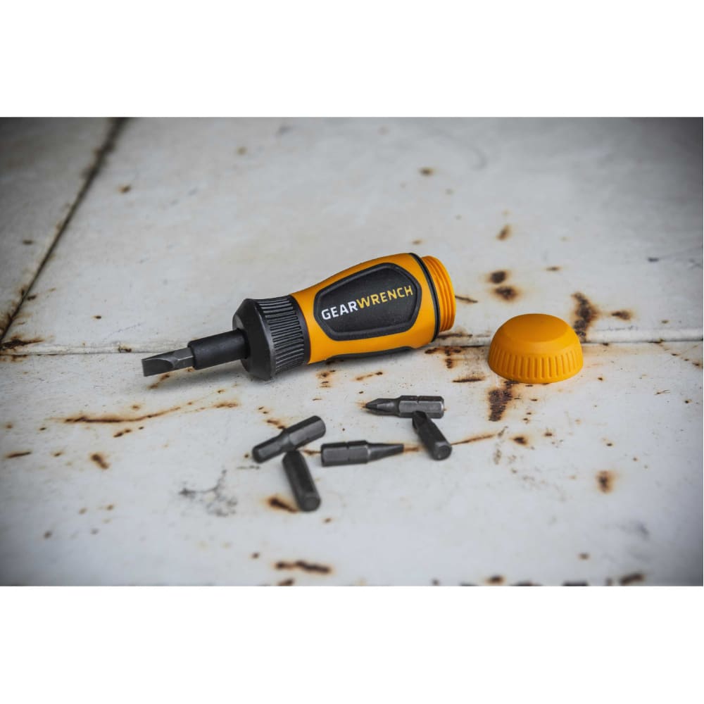 GearWrench 80061R 6-in-1 Stubby Ratcheting Multi-Bit Driver - Compact Multi-Bit Ratcheting Screwdriver with Bit Storage - 5
