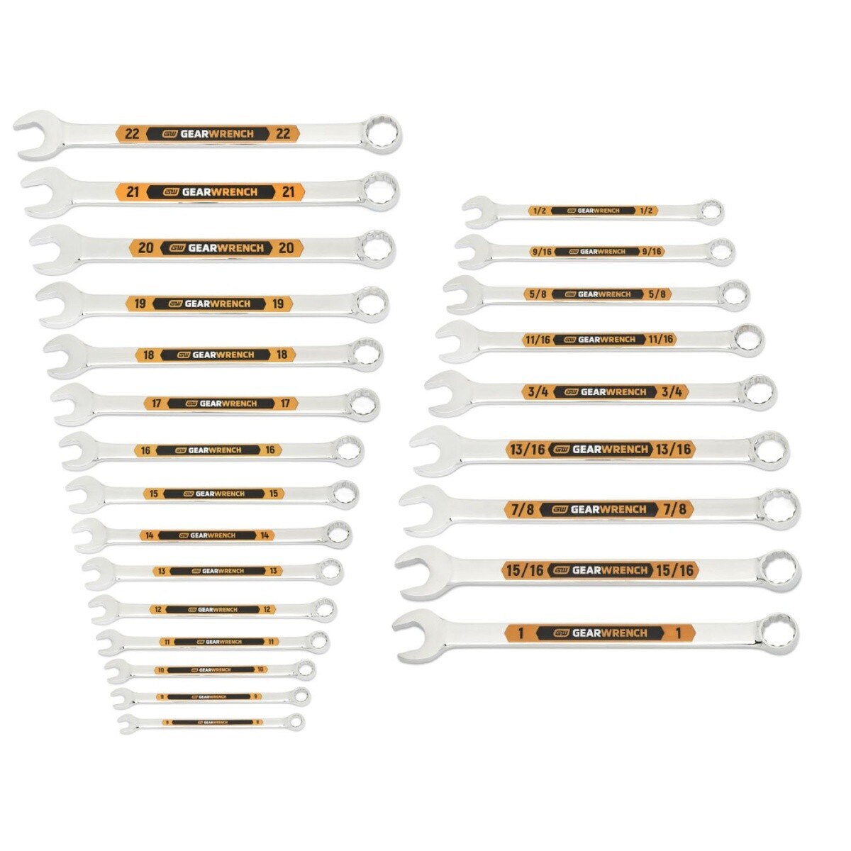 GearWrench 81900H 12 Point SAE Metric Hi Viz Long Pattern Combination Wrench Set (24 Piece Set)
