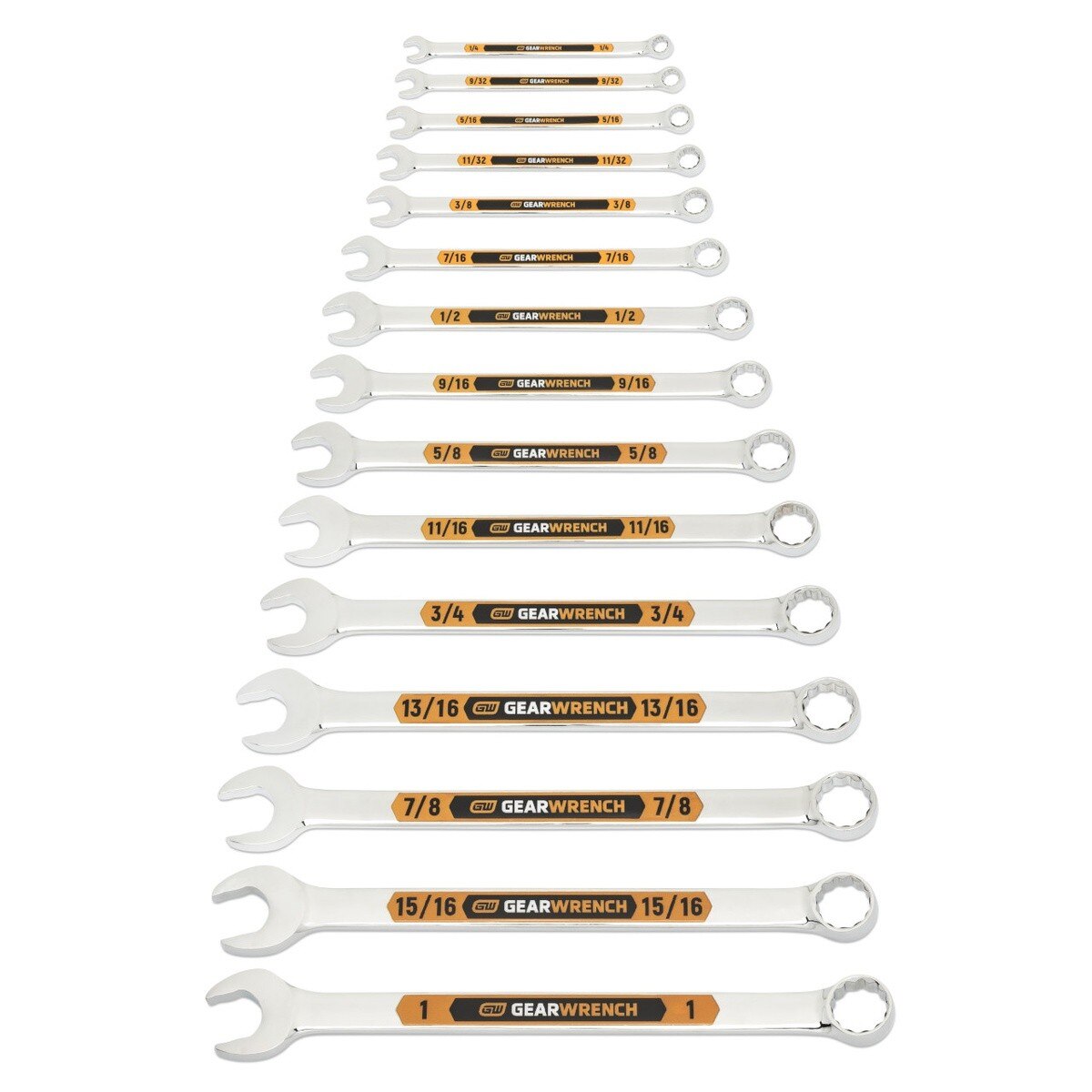 GearWrench 81901H Hi-Viz 12 Point SAE Long Pattern Combination Wrench Set with Rack (15 Piece)