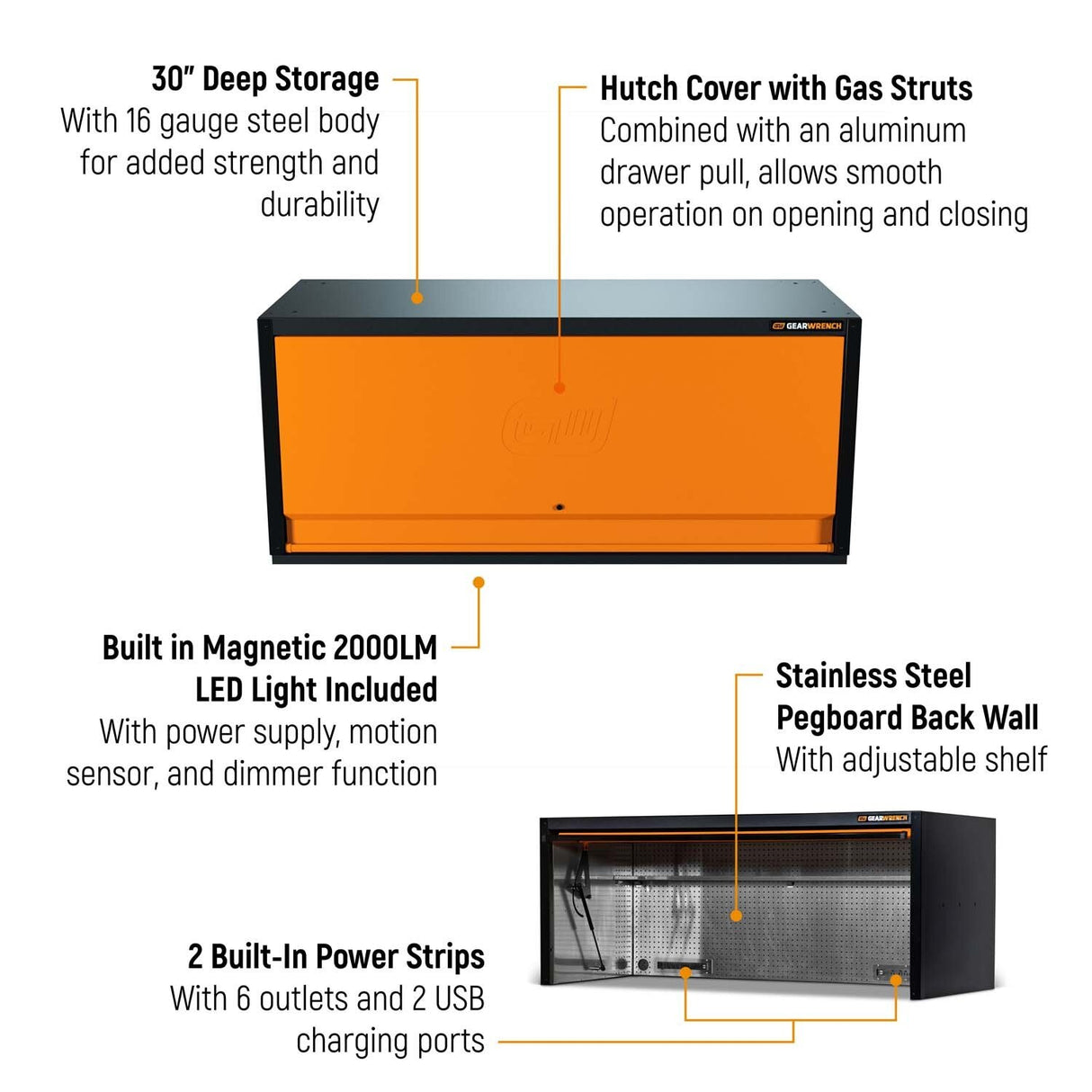 GearWrench 83238HTC 72 in x 30 in Top Mount Hutch with LED Light and Power Strips for Professional Mobile Workbench System - 2