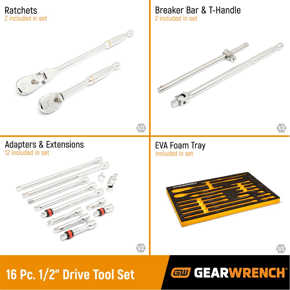 GearWrench 86522 16 Pc. 1/2" 90-Tooth Ratchet & Drive Tool Set with EVA Foam Tray - 2