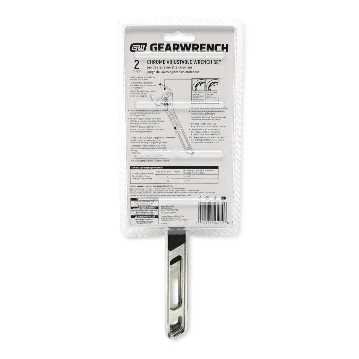 GearWrench 89750 8" and 10" Chrome Adjustable Wrench Set with Wide Jaws (2 Piece) - 7