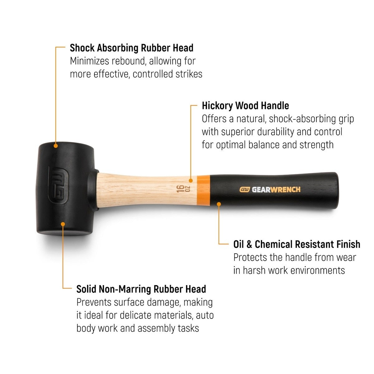 GearWrench GWHWRM16 16 oz Non-Marring Rubber Mallet with Hickory Handle 13" Length - 2