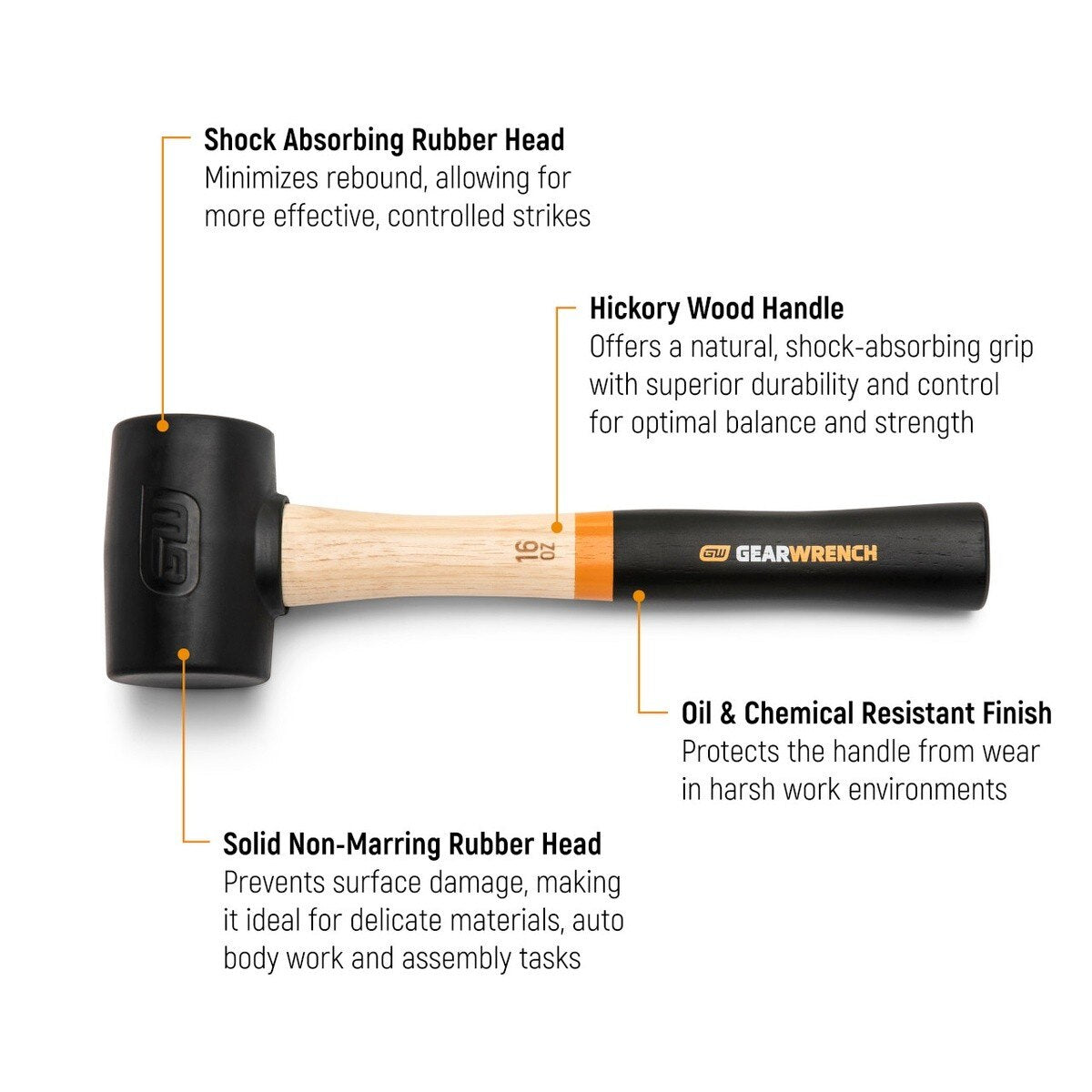 GearWrench GWHWRM16 16 oz Non-Marring Rubber Mallet with Hickory Handle 13" Length - 2