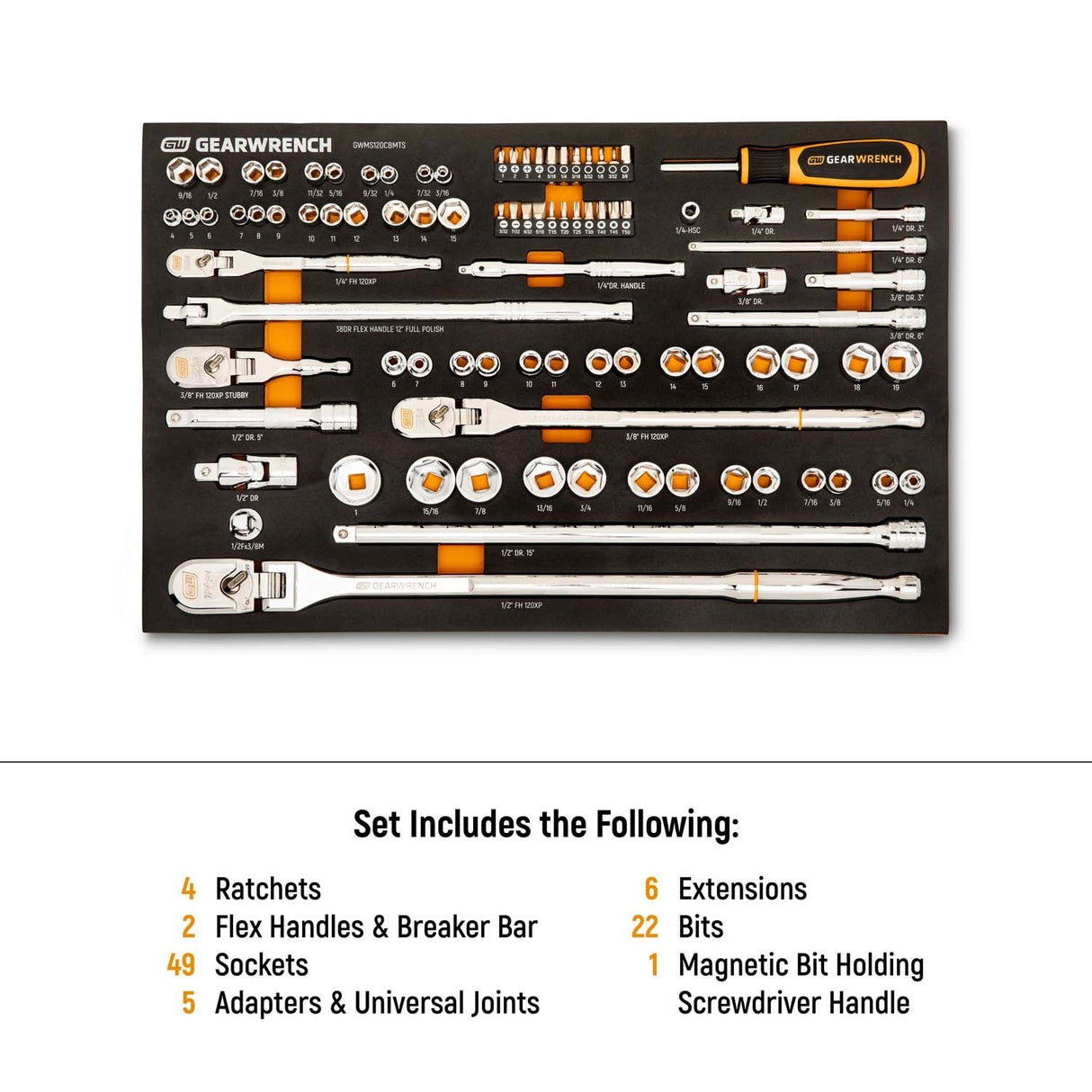 GearWrench GWMS120CBMTS 120XP 1/4 in 3/8 in 1/2 in Drive Mechanics Tool Set in Foam Tray (89 Piece) - 5