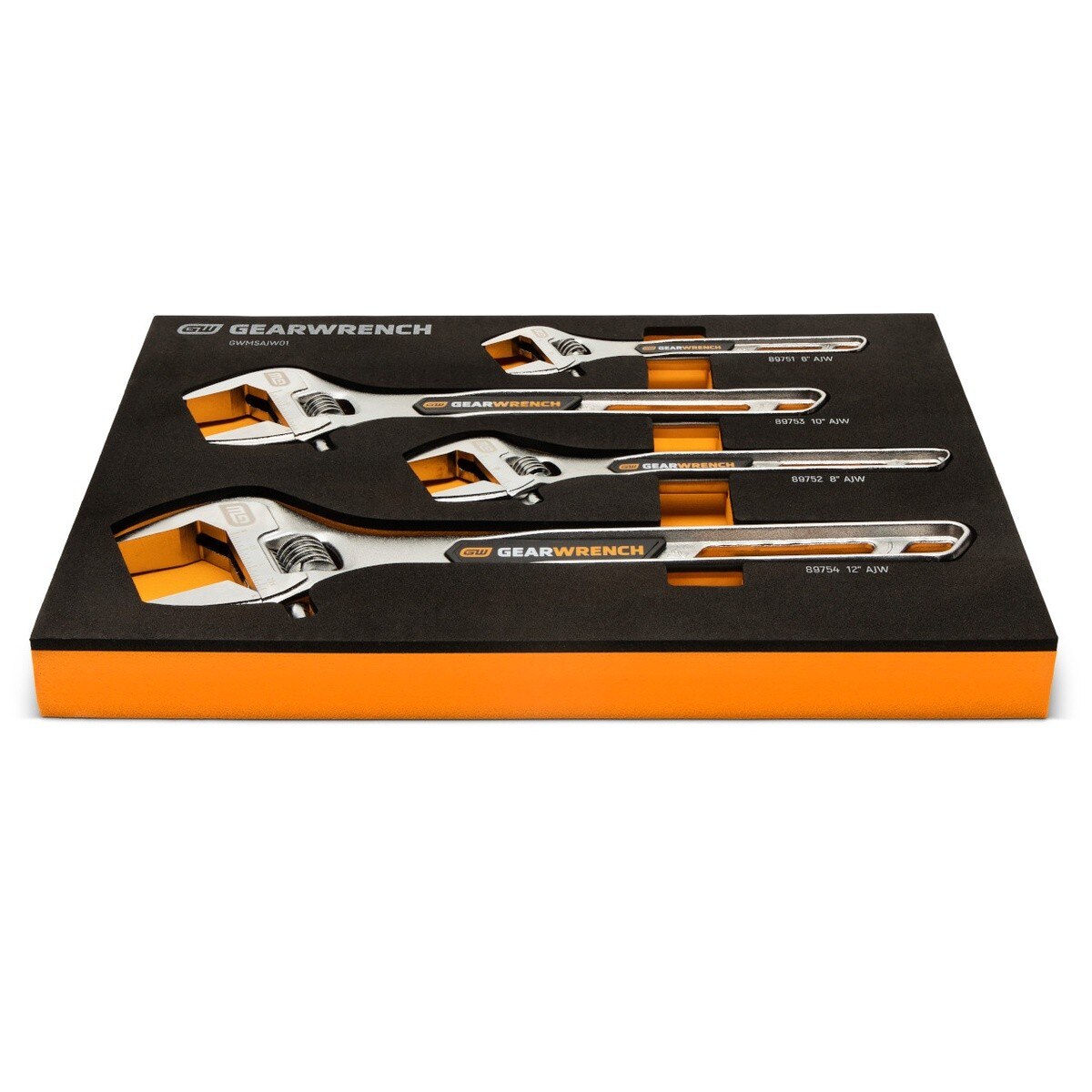 GearWrench GWMSAJW01 6" to 12" Chrome Adjustable Wrench Set with EVA Foam Storage Tray (4 Piece) - 6