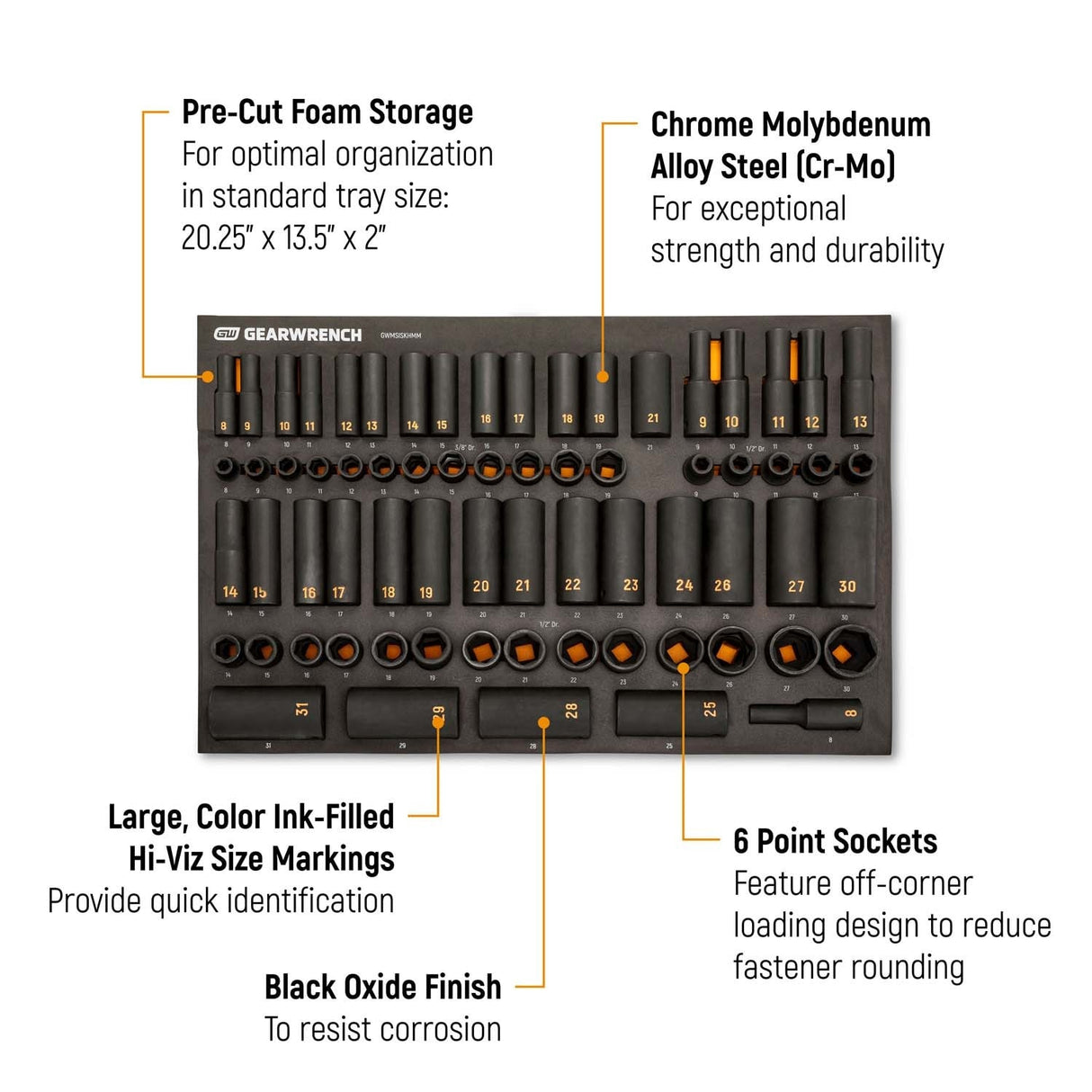 GearWrench GWMSISKHMM 3/8 in and 1/2 in Drive 6 Point Metric Standard and Deep Hi-Viz Impact Socket Set with Foam Storage Tray 20.25 in x 13.5 in x 2.0 in (68 Piece) - 2