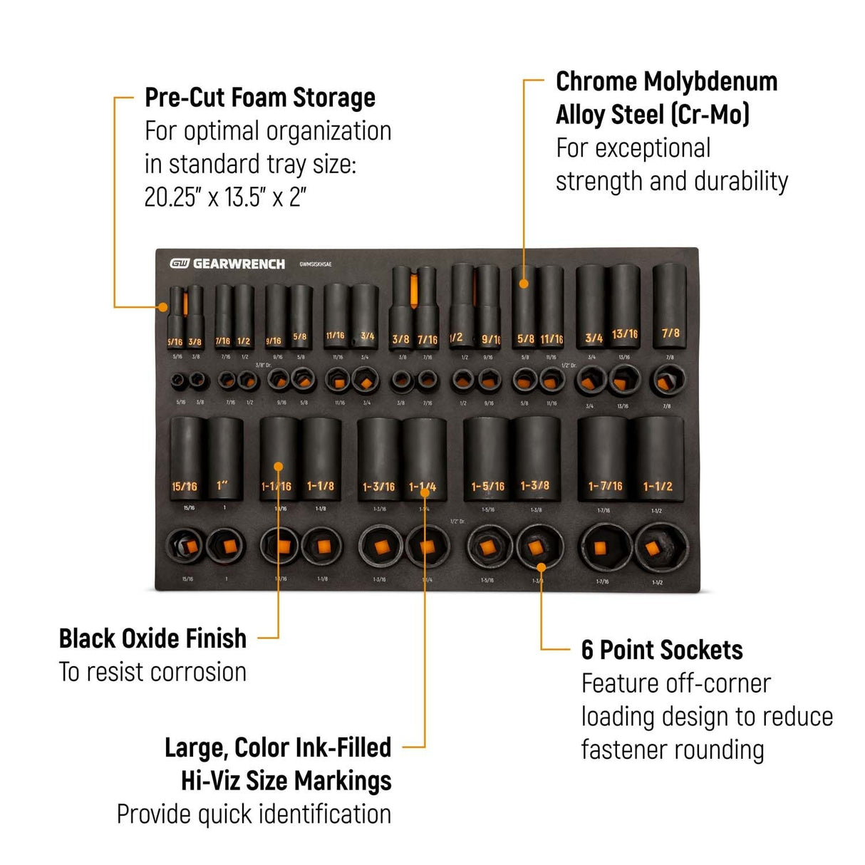 GearWrench GWMSISKHSAE 3/8 in and 1/2 in Drive 6 Point SAE Hi-Viz Impact Socket Set with Foam Tray (54 Piece) - 2