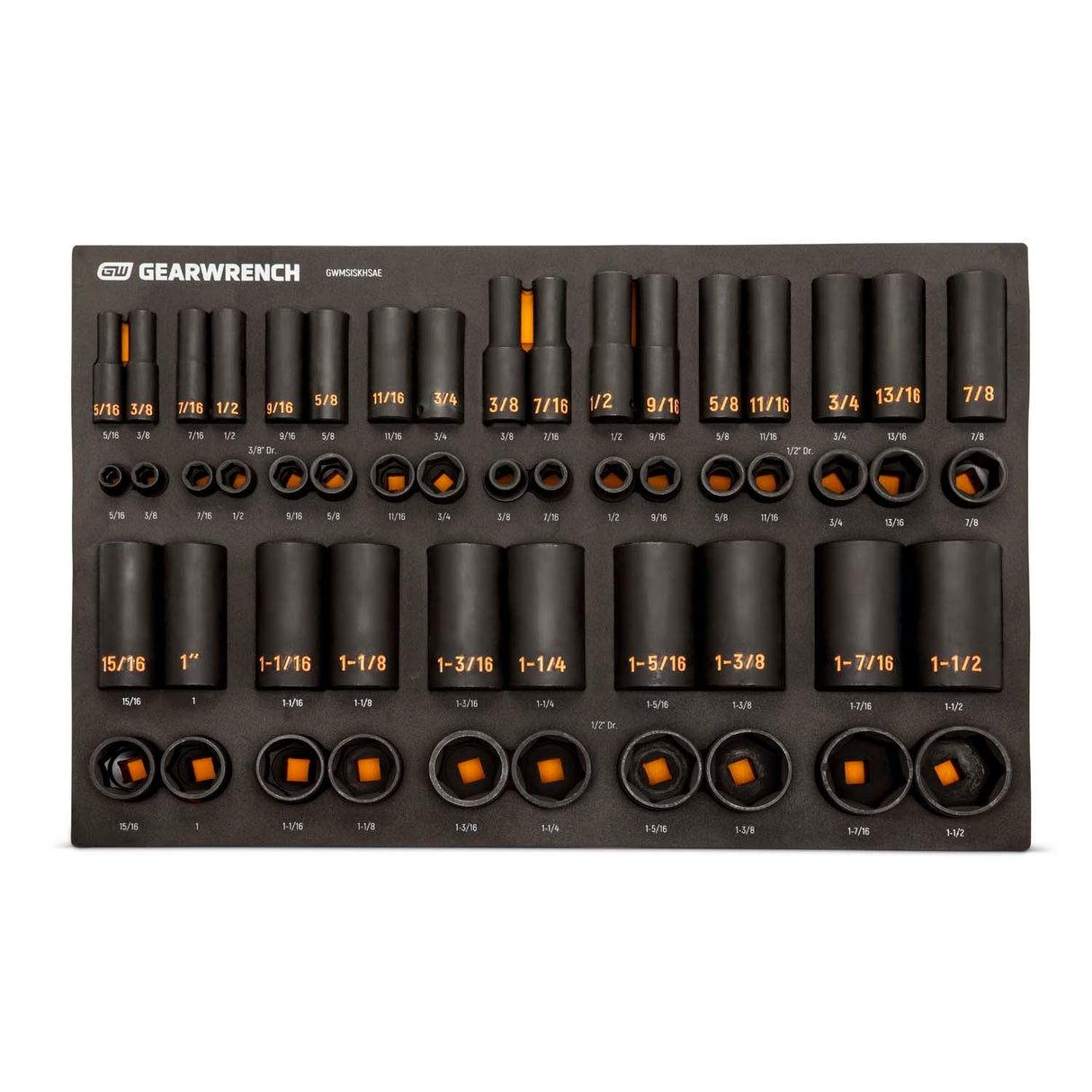 GearWrench GWMSISKHSAE 3/8 in and 1/2 in Drive 6 Point SAE Hi-Viz Impact Socket Set with Foam Tray (54 Piece) - 4