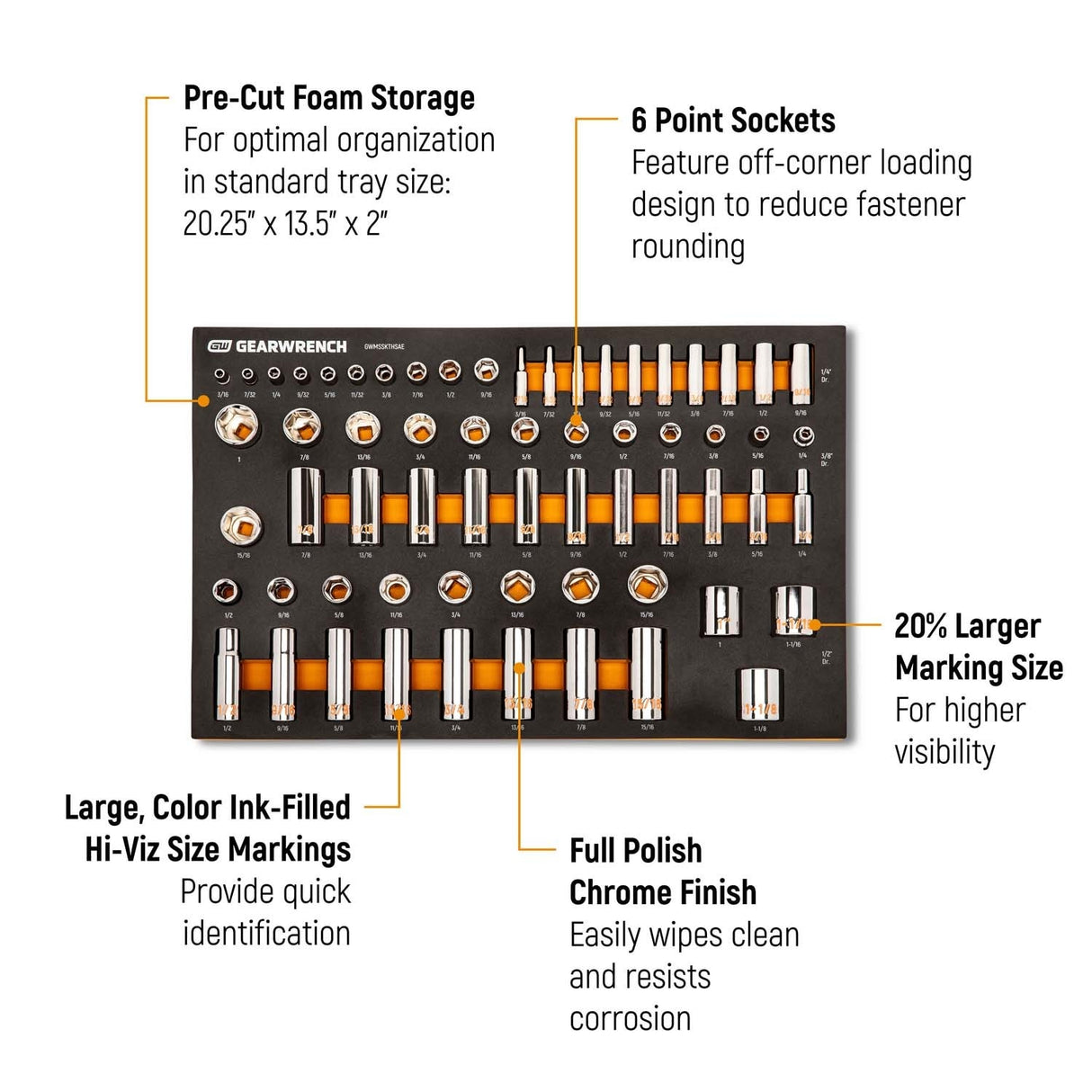 GearWrench GWMSSKTHSAE Hi-Viz 6 Point SAE Chrome Socket Set with Foam Storage Tray (63 Piece) - 2