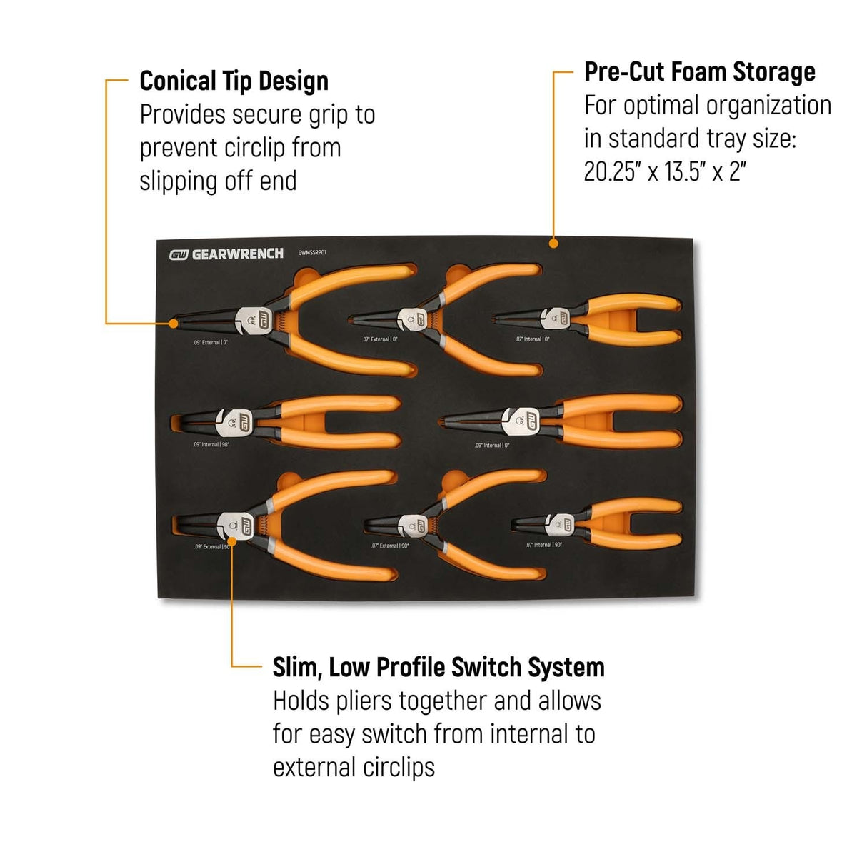 GearWrench GWMSSRP01 Fixed Joint Internal External Snap Ring Pliers Set with Foam Storage Tray (8 Piece) - 2