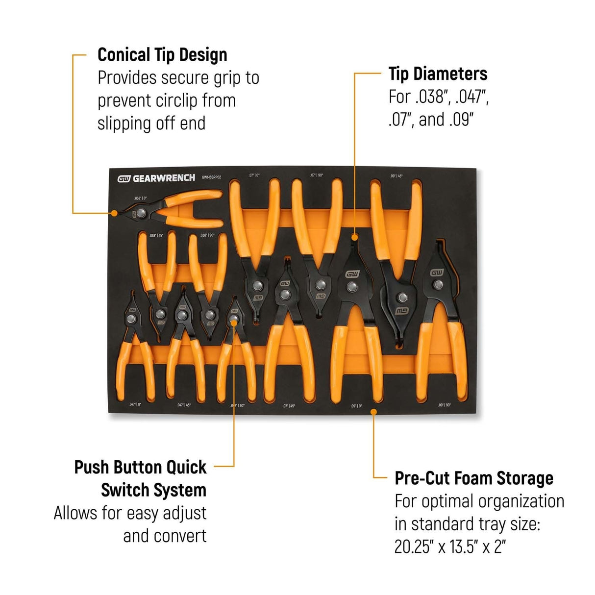 GearWrench GWMSSRP02 Convertible Push Button Snap Ring Pliers Set with Foam Tray 20.25 x 13.5 x 2 in (12 Piece) - 2