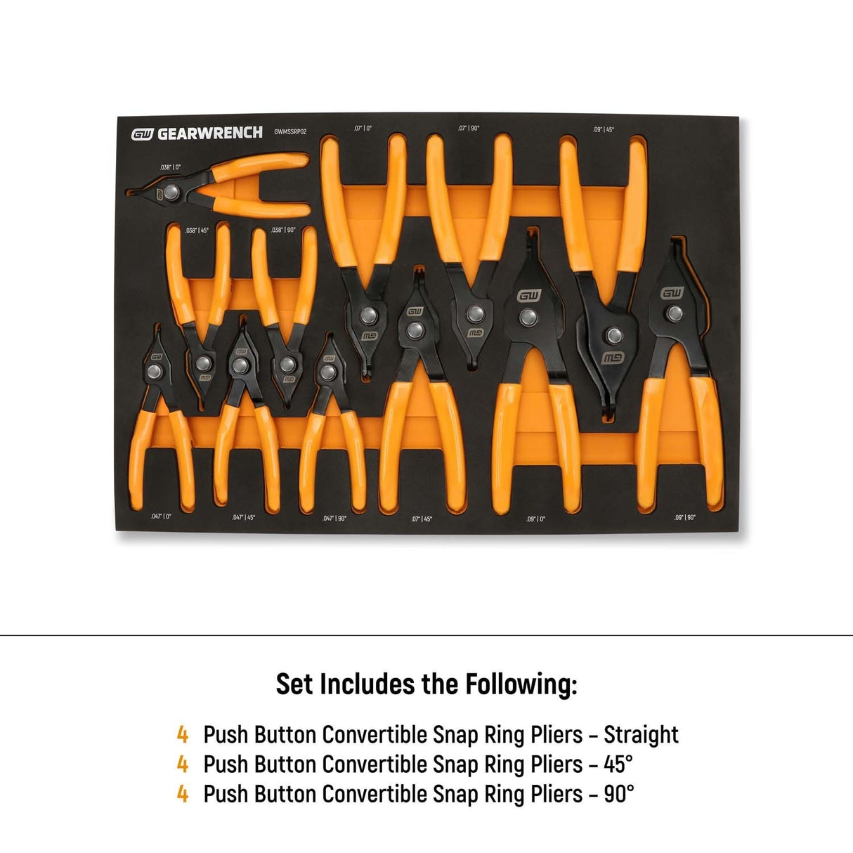 GearWrench GWMSSRP02 Convertible Push Button Snap Ring Pliers Set with Foam Tray 20.25 x 13.5 x 2 in (12 Piece) - 6