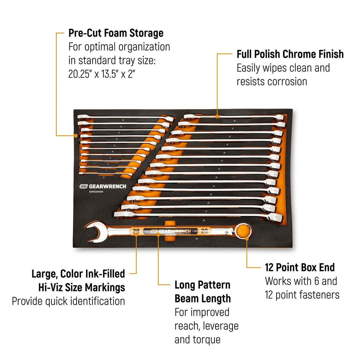 GearWrench GWMSSWHMM 12 Point Metric Hi-Viz Long Pattern Combination Wrench Set in Foam Storage Tray (24 Piece) - 2