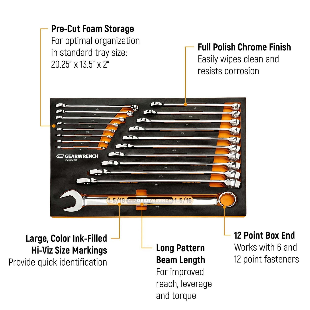 GearWrench GWMSSWHSAE Hi-Viz Long Pattern 12 Point SAE Combination Wrench Set with Foam Tray (19 Piece) - 2