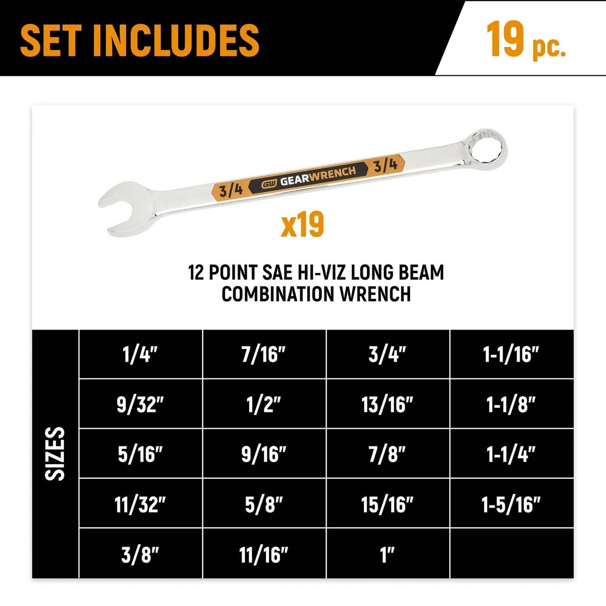 GearWrench GWMSSWHSAE Hi-Viz Long Pattern 12 Point SAE Combination Wrench Set with Foam Tray (19 Piece) - 6