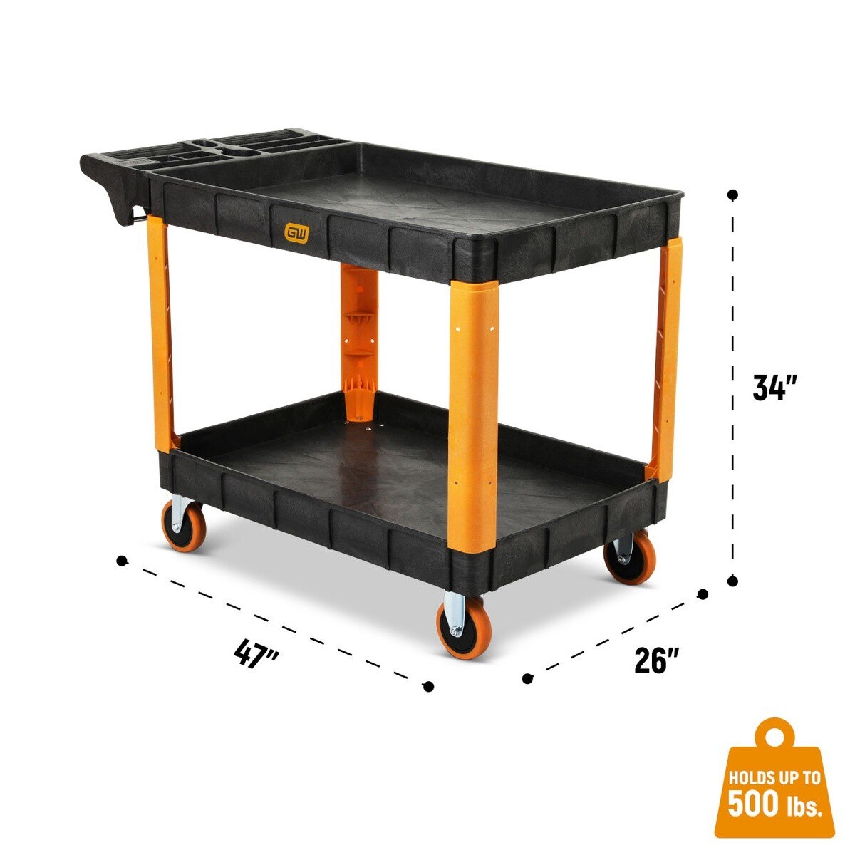 GearWrench GWPSCM 46" 2 Shelf Heavy Duty Plastic Utility Cart with Locking Casters 500 lb Capacity - 3