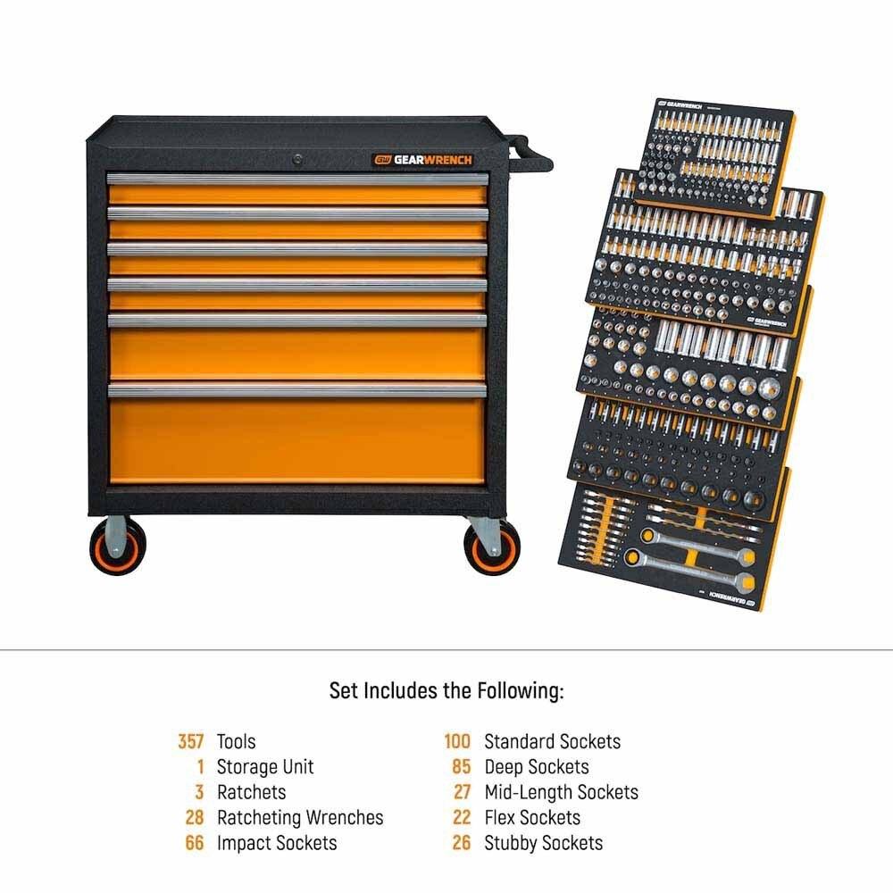 GearWrench MEGAMOD358 358 Piece MEGAMOD Metric Mechanics Tool Set in Modular Foam Trays with Rolling Cabinet - 2