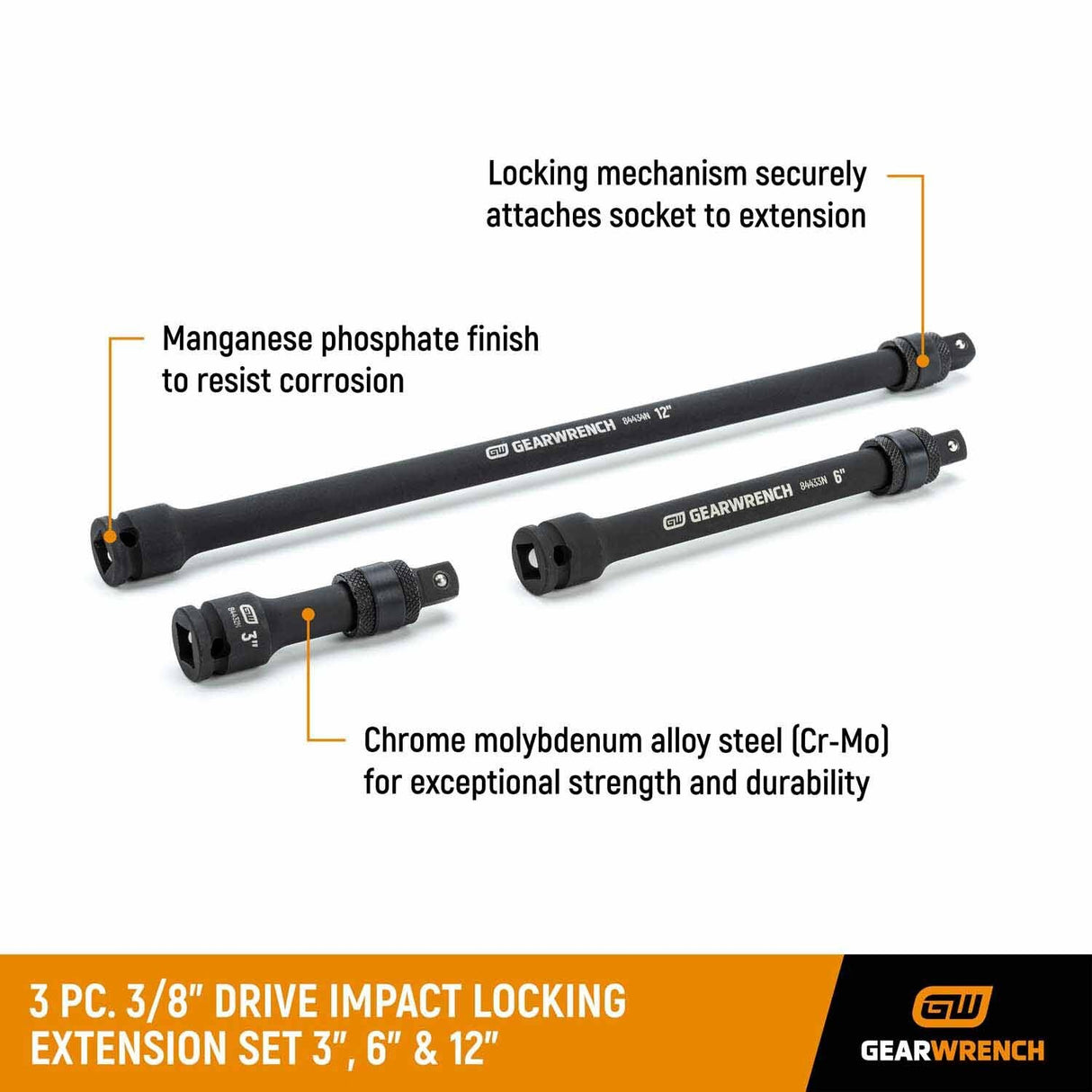 Gearwrench 84927N 3 Pc. 3/8" Drive Impact Locking Extension Set (3", 6" & 12") - 2