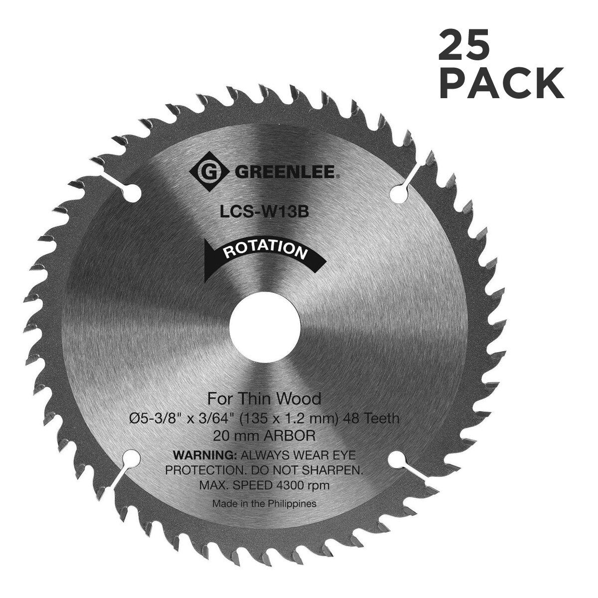 Greenlee LCS-W13B-25 5-3/8" x 3/64" Wood Circular Saw Blade, 20mm Arbor, 48T, 25 Pack