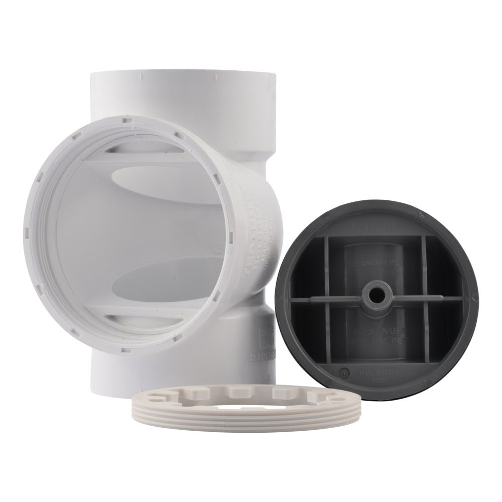 HoldRite TRPVC3A 3 in. PVC DWV Test Cleanout Tee with Spanner Ring and Plug - 2