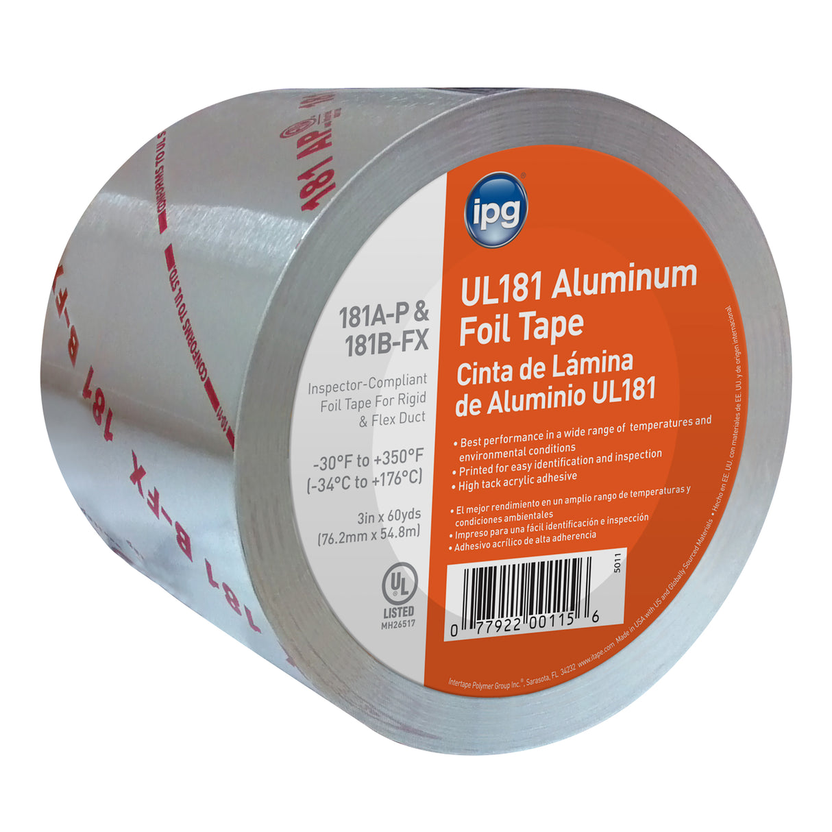 Intertape ALF201LUL360HR ALF201LUL 2 Mil UL181 A-P&B-FX Aluminum Foil LineRed Acrylic - Silver 3" X 60YD IP-IP 16