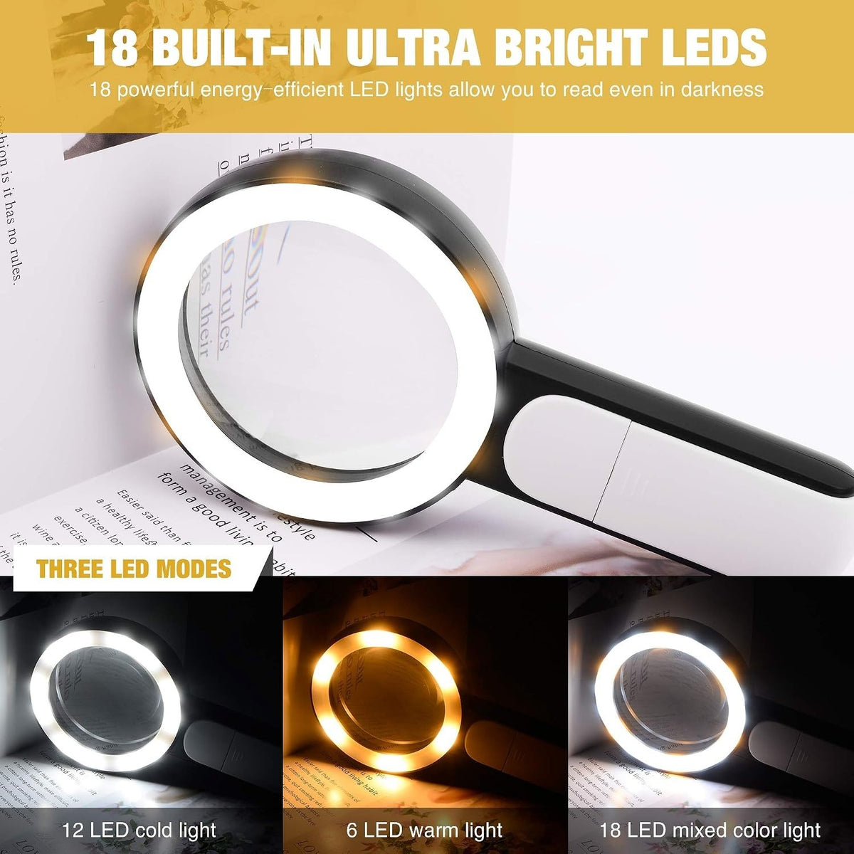 JMH JMH-030 3X Handheld Magnifying Glass with 18 LED Light and 3.15" Lens - 3