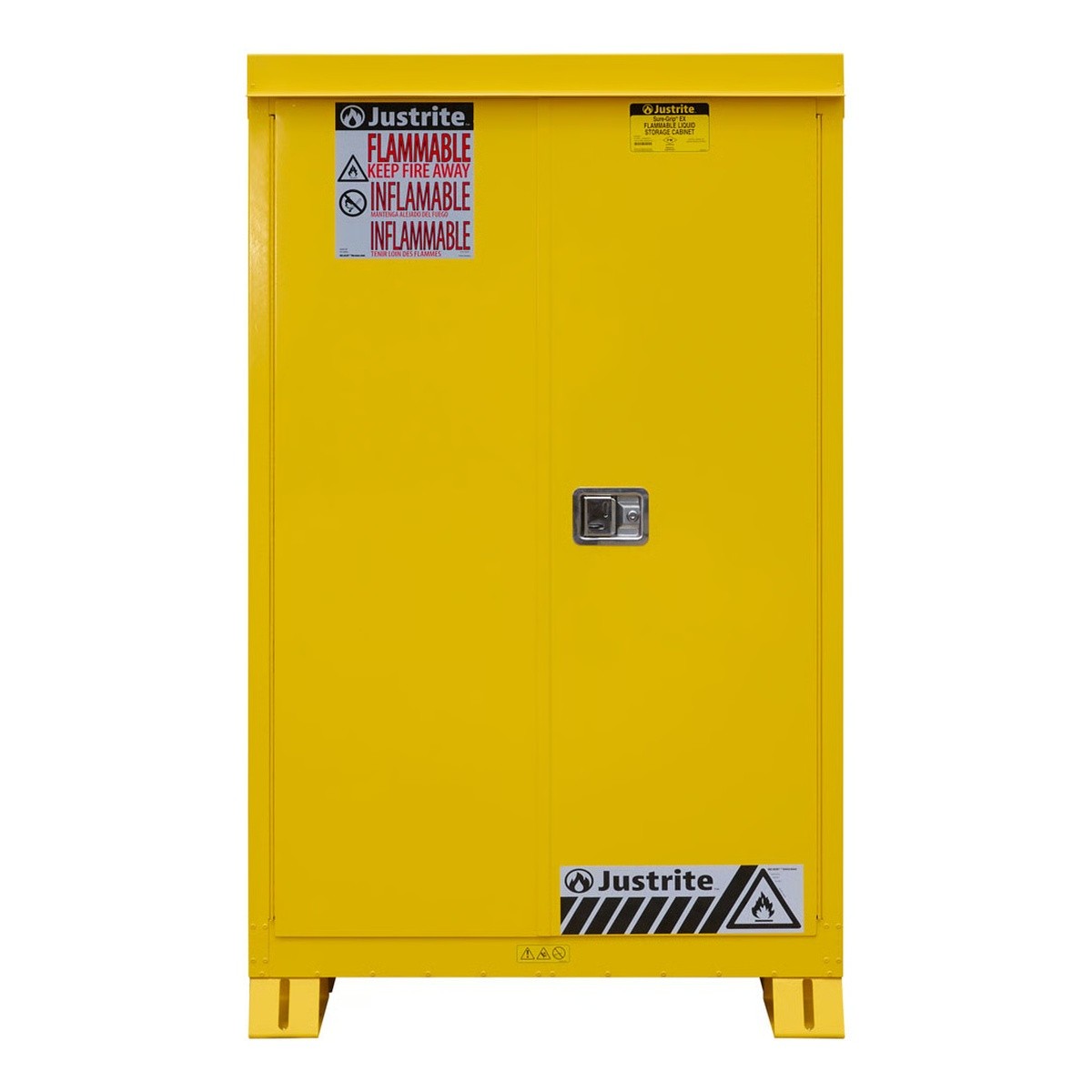 Justrite 814520 45 Gallon Outdoor Flammable Storage Cabinet 43 x 18 x 65" with 2 Shelves Self Close Doors Yellow