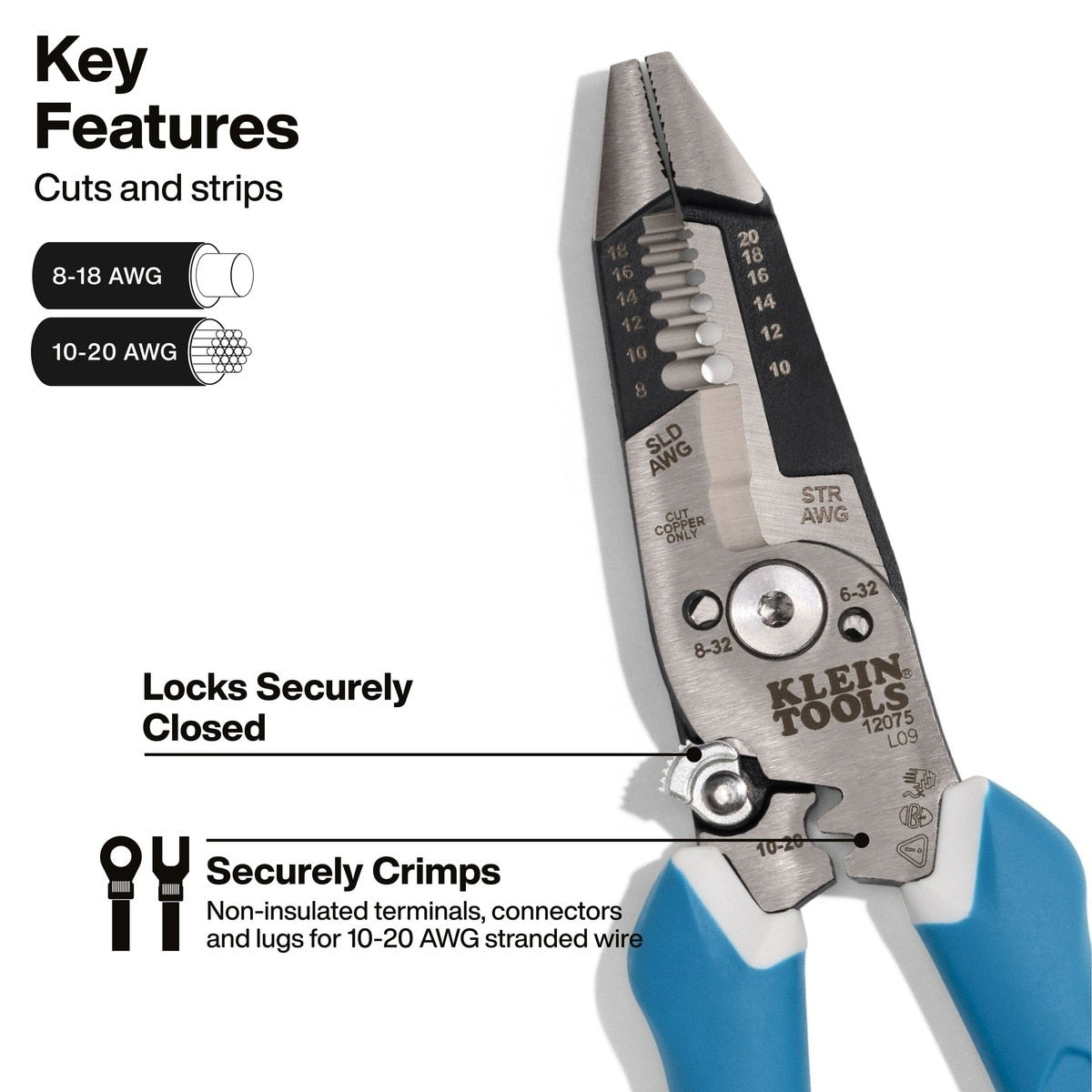 Klein 12075 Slim Forged Wire Stripper Cutter Straight Handle 8-18 AWG Solid 10-20 AWG Stranded - 2