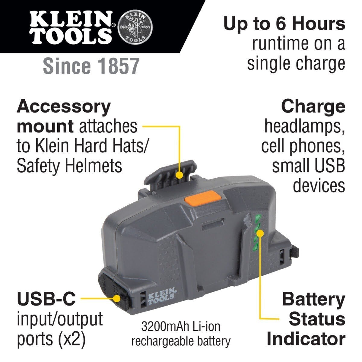 Klein 29025 Modular Rechargeable Battery for Hard Hat Cooling Fan and USB-C Devices (USB-C Cable) - 2