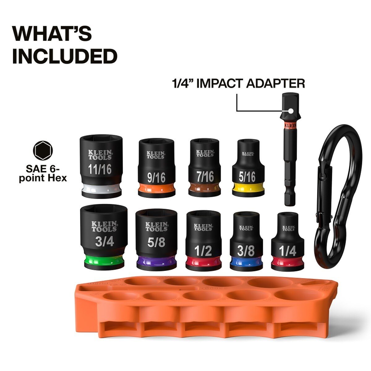 Klein 33809 Grab-And-Go SAE Impact Socket Set with Carabiner and 1/4 in. Impact Adapter (10 Piece) - 2
