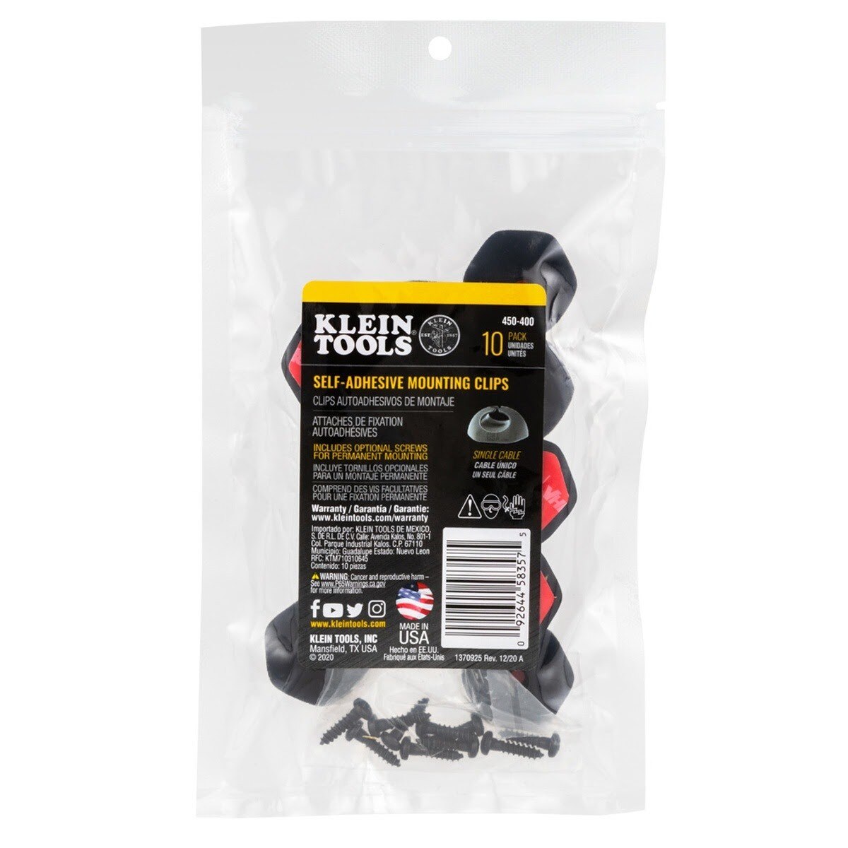 Klein 450-400 Self-Adhesive Cable Mounting Clips, 1 Slot (10 Pack) - 8