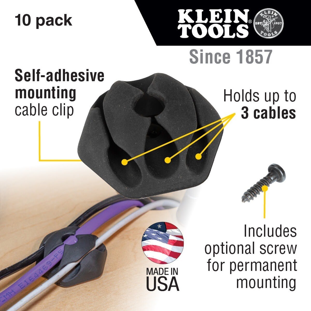 Klein 450-410 Self-Adhesive Cable Mounting Clips, 3-Slot (10 Pack) - 2
