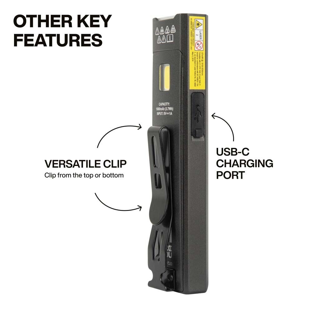 Klein 56074 Klein Slim-Profile LED Pocket Flashlight with Laser Rechargeable USB-C Compact Design - 3