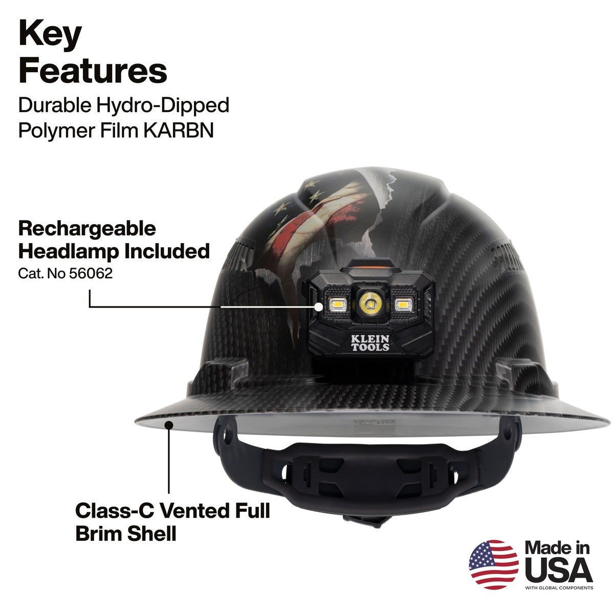 Klein 60347FS Freedom Series KARBN Pattern Vented Full Brim Class C Hard Hat with Rechargeable Headlamp - 2