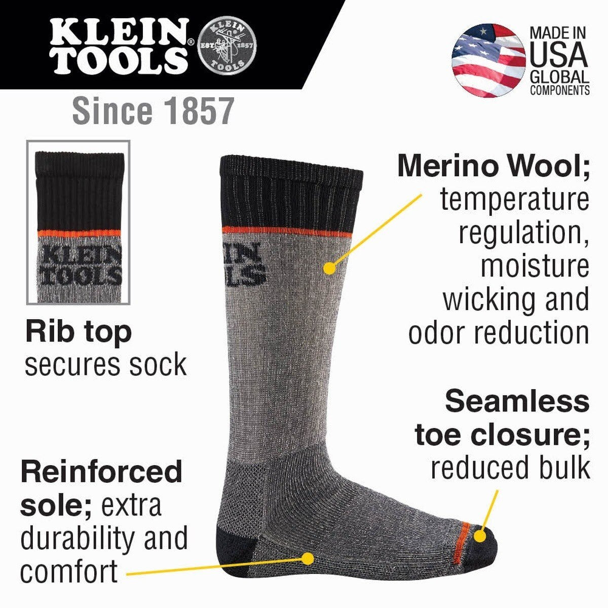 Klein 60381 Merino Wool Thermal Socks, Large (1 Pair) - 2