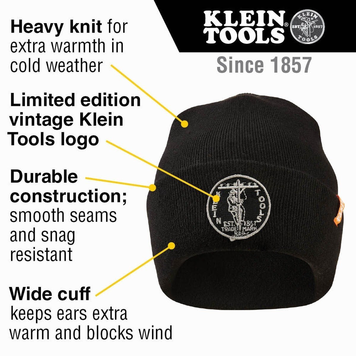 Klein 60388 Heavy Knit Hat, Black, Vintage Patch Logo (One Size Fits Most) - 2